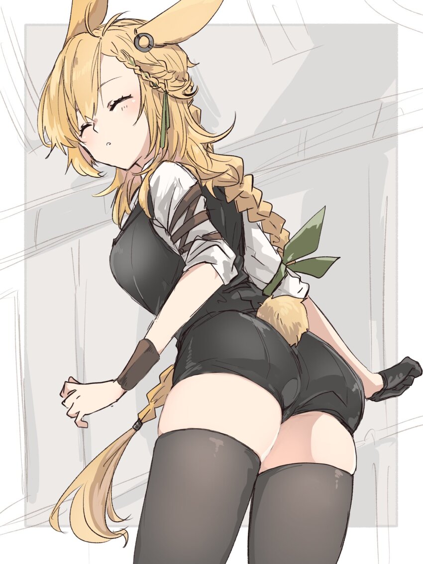 1girl, an_fyhx, animal_ears, arknights, ass, black_gloves, black_shorts, black_thighhighs