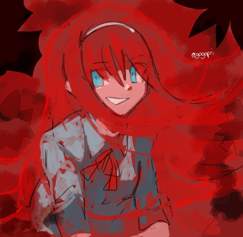 1girl, artist_name, blue_eyes, blue_shirt, evil_smile, flower, gogopri, hairband