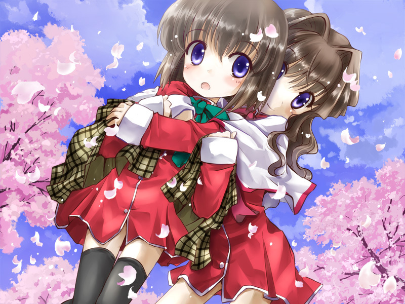 2girls, blue_eyes, brown_hair, cherry_blossoms, dutch_angle, hug, kanon, long_hair