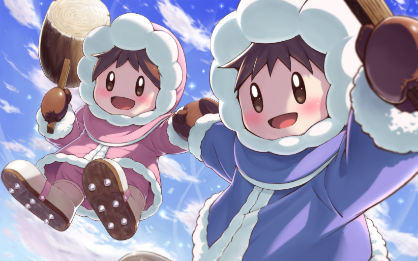 1boy, 1girl, :d, blue_coat, blue_sky, blush, boots, brother_and_sister, brown_eyes, brown_footwear, brown_hair, brown_mittens, cloud, coat, commentary_request, day, full_body, fur-trimmed_coat, fur-trimmed_hood, fur-trimmed_sleeves, fur_trim, hammer, highres, holding, holding_hammer, holding_hands, hood, hood_up, hooded_coat, ice_climber, imuta_(vaporization), long_sleeves, looking_at_viewer, mittens, nana_(ice_climber), nintendo, open_mouth, outdoors, pink_coat, popo_(ice_climber), short_hair, siblings, sky, smile, spiked_footwear, spikes