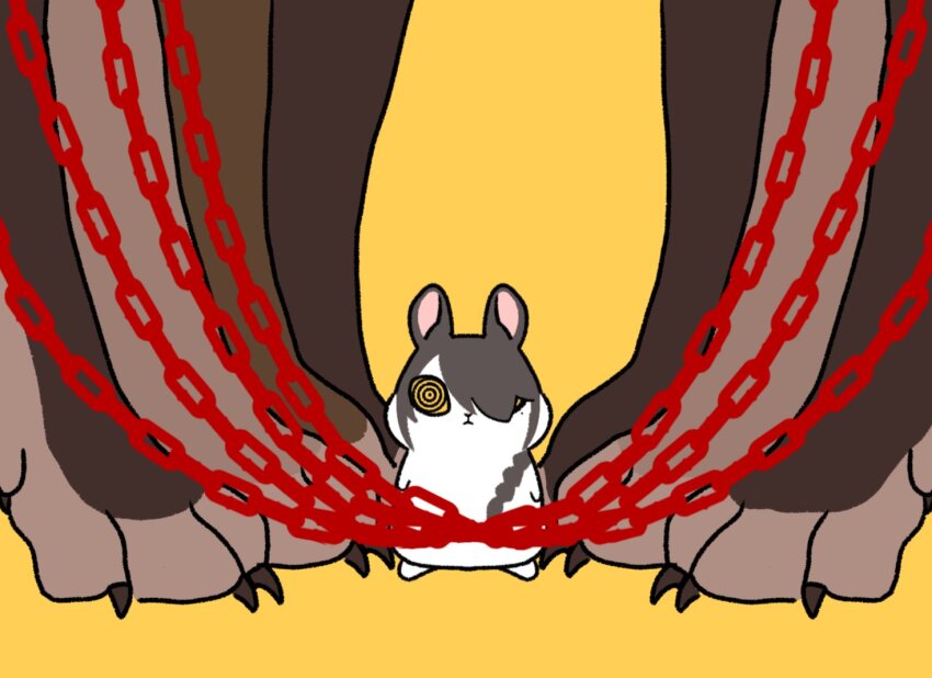 1girl, animalization, black_hair, chain, chainsaw_man, hair_over_one_eye, looking_at_viewer, medium_hair