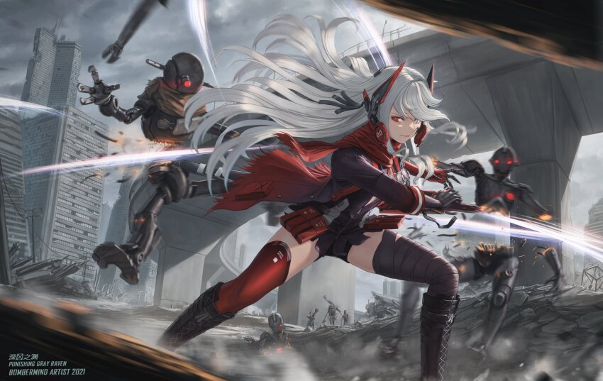 1girl, absurdres, artist_name, asymmetrical_legwear, bandaged_leg, bandages, black_shorts, bomberminda