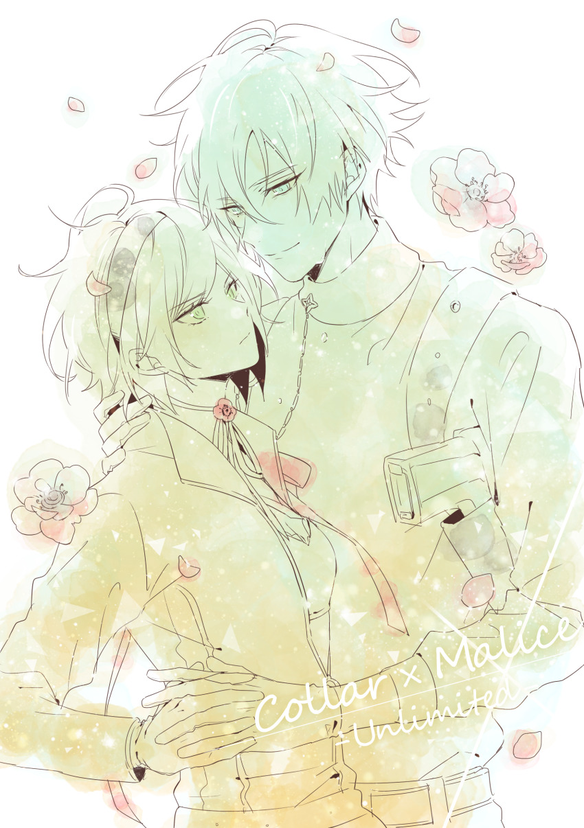 1boy, 1girl, absurdres, cherry_blossoms, closed_mouth, collar_x_malice, copyright_name, frown