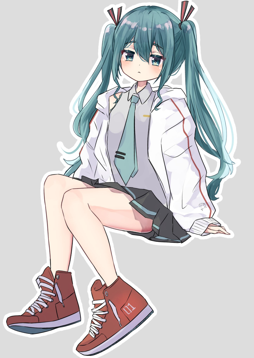 1girl, aqua_eyes, aqua_hair, bare_legs, bare_shoulders, black_skirt, blue_necktie, blush