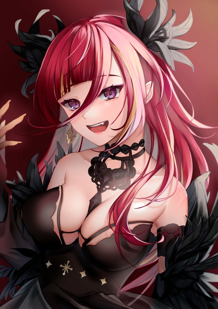 1girl, absurdres, bare_shoulders, black_choker, black_dress, black_feathers, blonde_hair, blunt_bangs