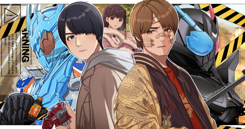 1010_mumumu, 1girl, 2boys, armor, asymmetrical_armor, bandaid, bandaid_on_face, bandaid_on_forehead