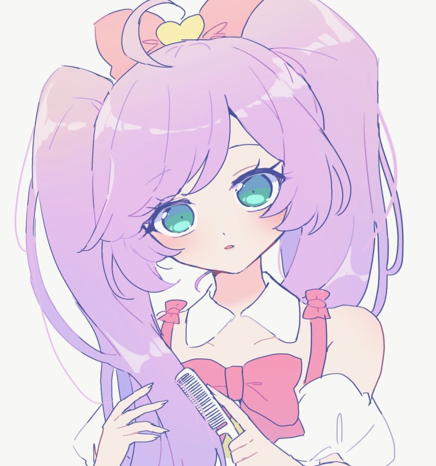 1girl, aqua_eyes, blush, bow, brushing_hair, camisole, collarbone, comb