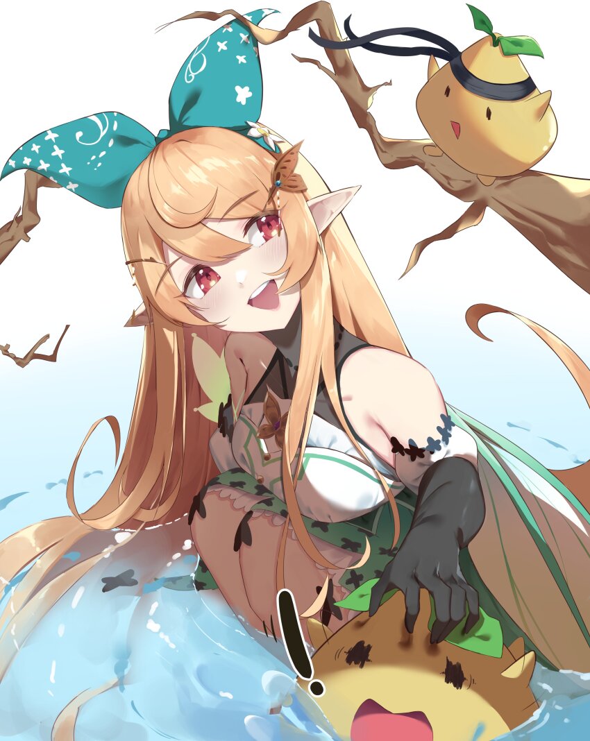 1girl, 2others, absurdres, black_gloves, black_headband, blonde_hair, branch, fairy