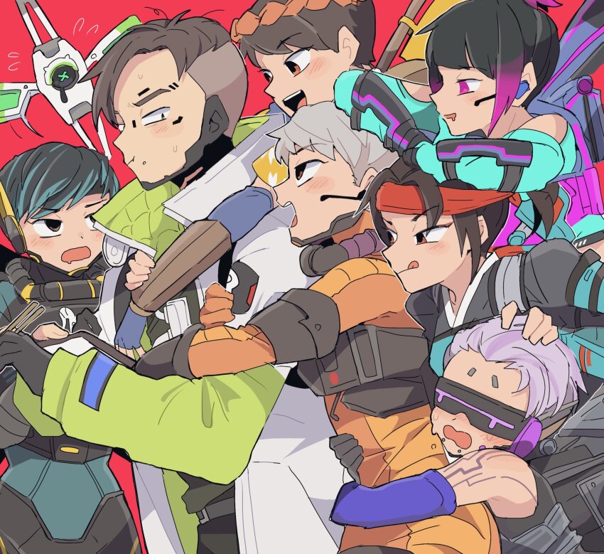 1boy, 6+girls, air_orchid_valkyrie, animification, apex_legends, black_hair, blue_bodysuit, blue_hair, blue_jacket, blush, bodysuit, brown_eyes, brown_hair, clothing_cutout, cloud_marauder_valkyrie, colored_tips, crypto_(apex_legends), drooling, fluorescent_tech_valkyrie, hack_(apex_legends), hair_behind_ear, harem, head-mounted_display, headband, headset, hetero, highres, hug, hug_from_behind, jacket, licking_lips, multicolored_hair, multiple_girls, multiple_persona, nojima_minami, non-humanoid_robot, official_alternate_costume, omatsuri_fury_valkyrie, orange_bodysuit, ponytail, purple_eyes, purple_hair, red_background, red_headband, robot, short_hair, shoulder_cutout, streaked_hair, tongue, tongue_out, valkyrie_(apex_legends), white_jacket