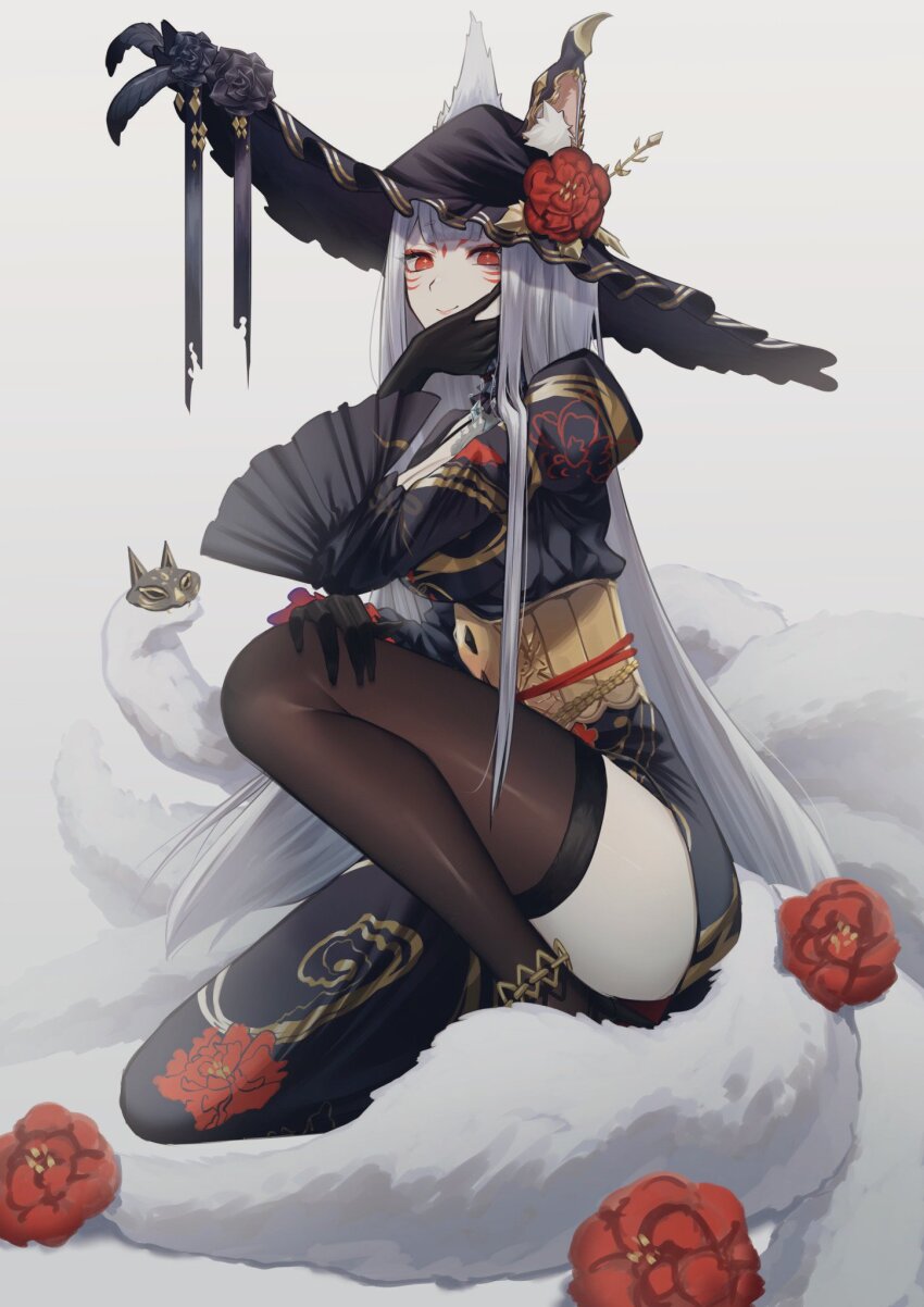 1girl, animal_ear_fluff, animal_ears, black_dress, black_hat, black_thighhighs, commentary, dress, ear_covers, facial_mark, flower, forehead_mark, fox_ears, fox_girl, fox_tail, grey_hair, hand_on_own_cheek, hand_on_own_face, hat, hat_flower, highres, long_hair, looking_at_viewer, manasuke_(_ninoninini), mask, multiple_tails, nijisanji, nijisanji_en, nina_kosaka, nina_kosaka_(anniversary_dress), official_alternate_costume, red_eyes, red_flower, robert_(nina_kosaka), single_ear_cover, sitting, smile, solo, straight_hair, untranslatable_commentary, tail, thighhighs, underbust, very_long_hair, virtual_youtuber, wide_sleeves