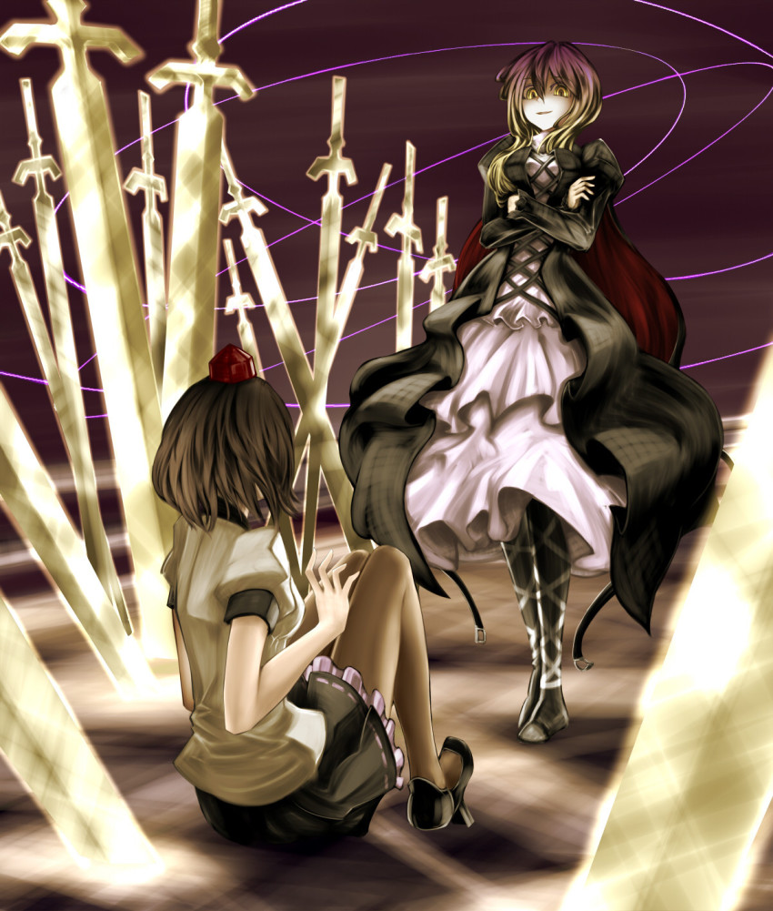 2girls, brown_hair, cape, crystaline_lens, double_spoiler, dress, fate_(series), female_focus, field_of_blades, geta, gradient_hair, hat, highres, hijiri_byakuren, long_hair, multicolored_hair, multiple_girls, pantyhose, shameimaru_aya, short_hair, sword, tengu-geta, tokin_hat, touhou, unlimited_blade_works_(reality_marble), weapon, yellow_eyes, you_gonna_get_raped