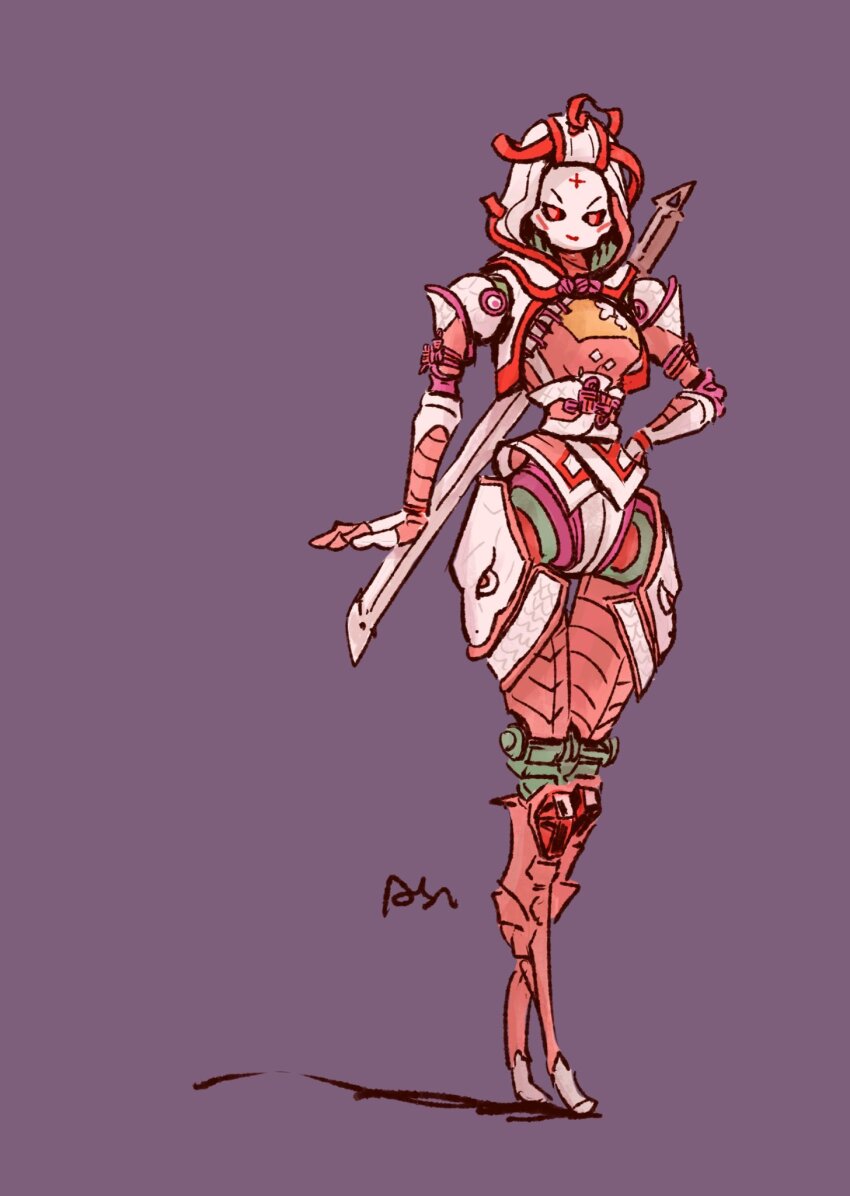 1girl, android, apex_legends, ash_(titanfall_2), black_sclera, cable, cartoonized, colored_sclera, full_body, hand_on_own_hip, highres, hood, hood_up, kangyaku, looking_at_viewer, opalescent_serpent_ash, orange_eyes, purple_background, shadow, simple_background, smile, solo, sword, sword_on_back, toon_(style), v-shaped_eyebrows, weapon, weapon_on_back