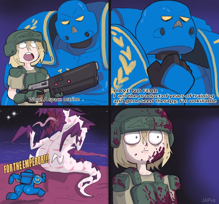 1boy, 1girl, 4koma, absurdres, adeptus_astartes, armor, astra_militarum, blonde_hair