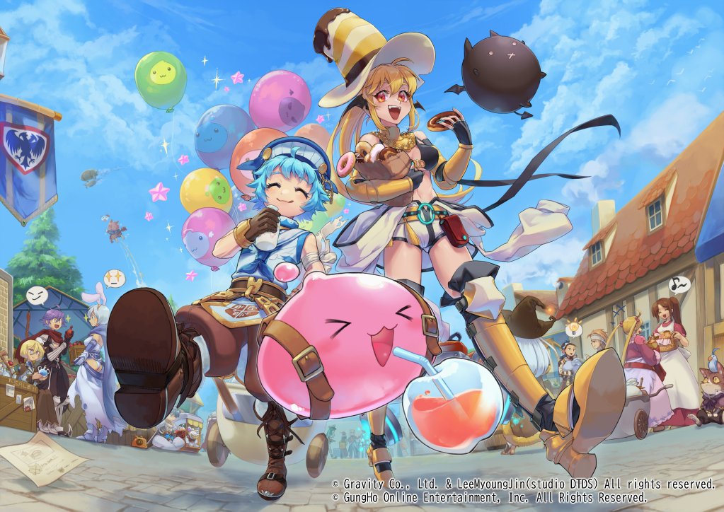 >_<, +++, 6+boys, 6+girls, :3, ahoge, aircraft, airship, alternate_color, arch_bishop_(ragnarok_online), armor, armored_boots, assassin_cross_(ragnarok_online), balloon, banner, bat_wings, belt, bikini, bikini_top_only, black_bikini, black_pants, black_shirt, black_socks, black_wings, blonde_hair, blue_eyes, blue_hair, blue_neckerchief, blue_scarf, blue_shirt, blue_sky, boots, bottle, breasts, brown_belt, brown_cape, brown_capelet, brown_coat, brown_eyes, brown_gloves, brown_hair, brown_headwear, brown_shorts, cape, capelet, cat_boy, closed_eyes, cloud, coat, commentary_request, day, deviling, deviruchi, donut, drinking_straw, eating, elbow_gloves, eric_flay, fang, fingerless_gloves, food, full_body, fur-trimmed_cape, fur_trim, furry, furry_male, genetic_(ragnarok_online), gloves, green_hair, guillotine_cross_(ragnarok_online), hat, hat_belt, head_wings, high_wizard_(ragnarok_online), hodremlin, jacket, juice, jumpsuit, leotard, light_bulb, long_hair, looking_at_viewer, marin_(ragnarok_online), maya_(ragnarok_the_animation), mechanic_(ragnarok_online), medium_breasts, merchant_(ragnarok_online), milk_bottle, monocle, multiple_boys, multiple_girls, navel, neckerchief, official_alternate_costume, open_clothes, open_mouth, open_shirt, outdoors, pants, pauldrons, pink_jacket, pink_skirt, ponytail, poporing, poring, purple_hair, ragnarok_online, ragnarok_the_animation, red_scarf, sailor_collar, scarf, shirt, short_hair, shorts, shoulder_armor, skirt, sky, slime_(creature), smile, socks, spoken_light_bulb, striped_clothes, striped_headwear, summoner_(ragnarok_online), super_novice_(ragnarok_online), swimsuit, vambraces, vanilmirth_(ragnarok_online), walking, white_cape, white_jacket, white_jumpsuit, white_leotard, white_sailor_collar, white_shirt, whitesmith_(ragnarok_online), wings, witch_hat, yellow_headwear