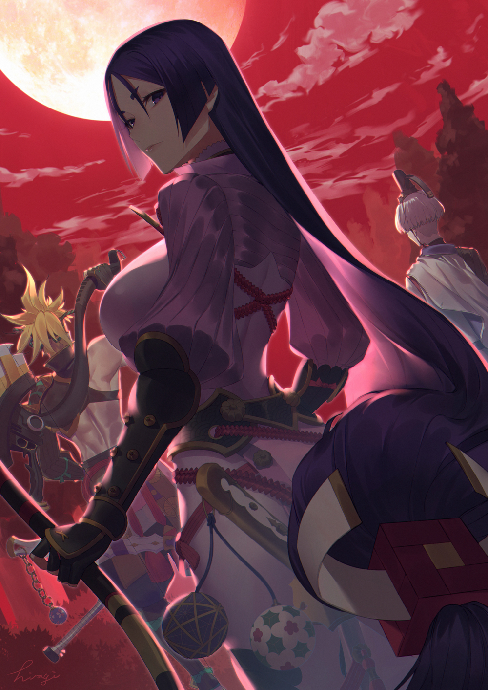 1girl, 2boys, armor, axe, black_gloves, blonde_hair, bodysuit, bow_(weapon)