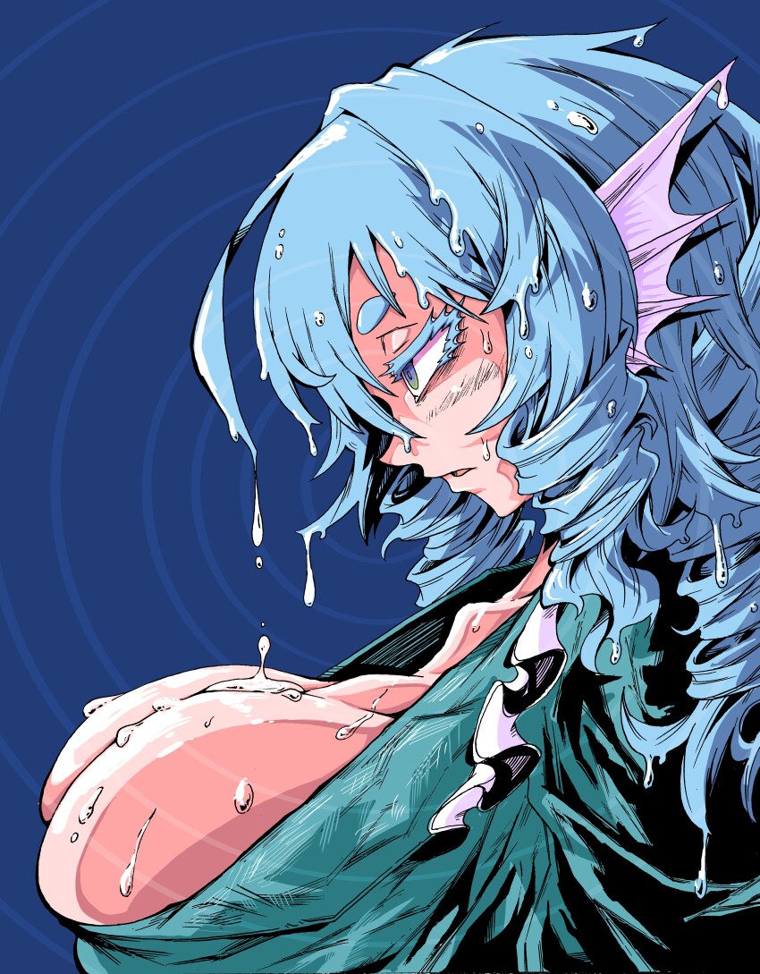1girl, absurdres, blue_background, blue_eyes, blue_hair, breasts, bursting_breasts, cleavage