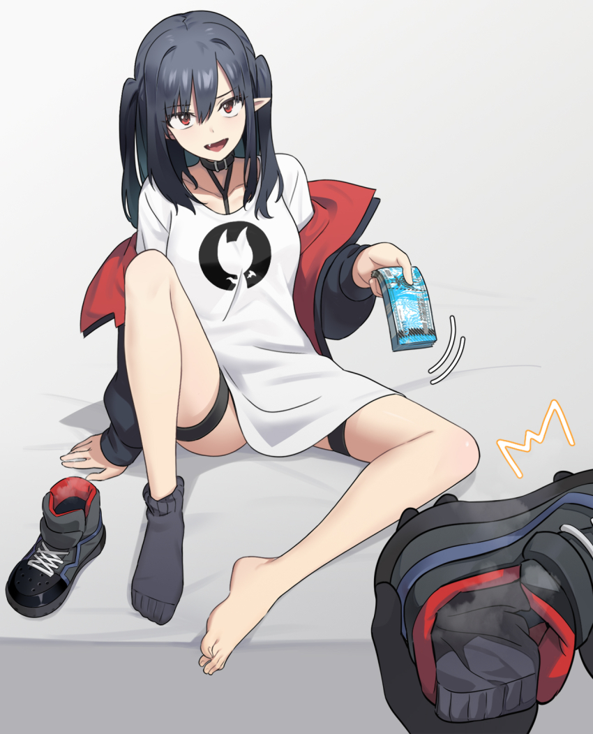1girl, 1other, :d, ^^^, arknights, banknote, barefoot, black_footwear, black_gloves, black_jacket, black_socks, closure_(arknights), collar, fang, feet, full_body, gloves, grey_background, highres, holding, holding_money, holding_shoes, holding_unworn_clothes, jacket, legs, liang_chan_xing_make_tu, long_hair, long_sleeves, looking_at_viewer, lungmen_dollar, money, no_shoes, open_clothes, open_jacket, open_mouth, pointy_ears, pov, red_eyes, shirt, shoes, simple_background, single_sock, sitting, smile, socks, solo_focus, steam, thigh_strap, toenails, toes, two_side_up, unworn_shoes, v-shaped_eyebrows, white_shirt