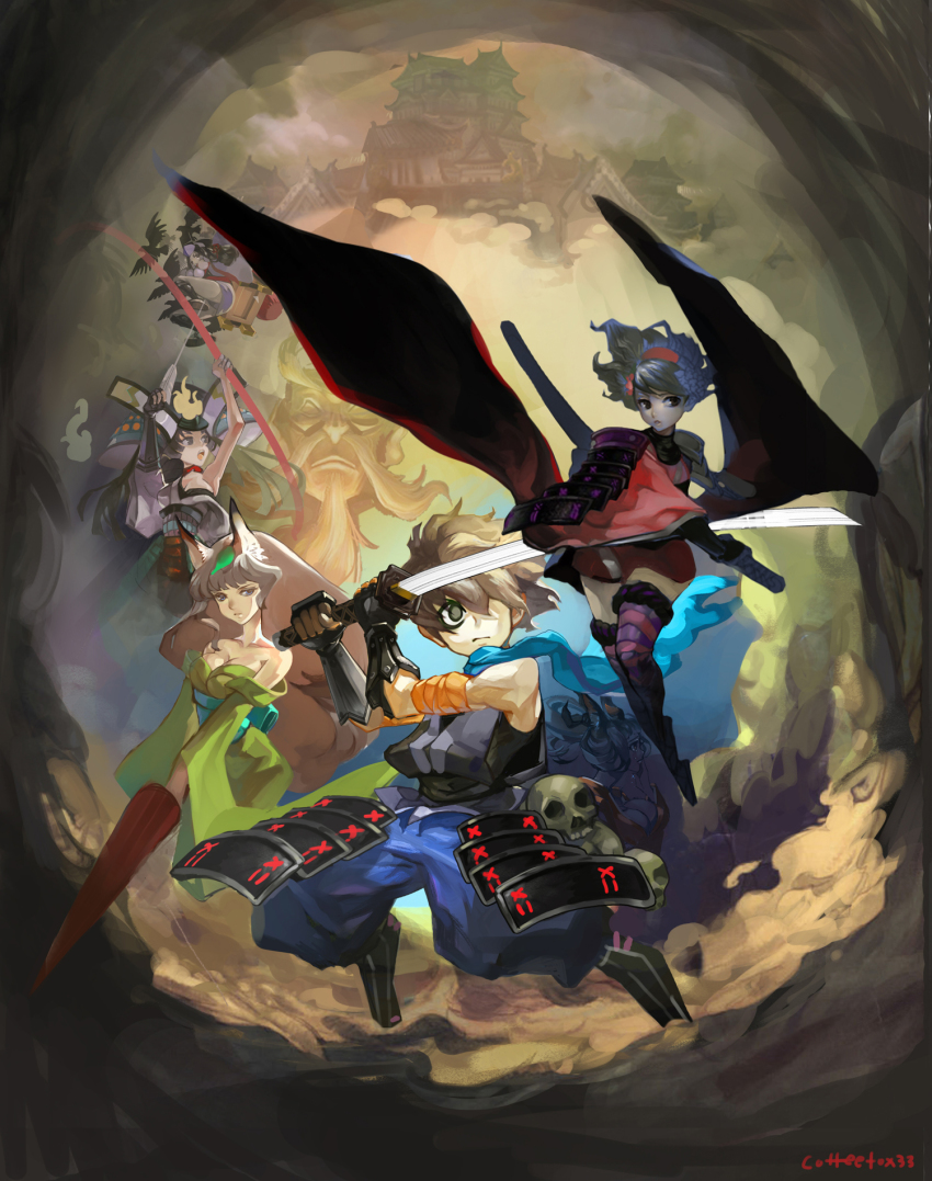 2boys, 5girls, animal_ears, architecture, armor, bad_id, bad_pixiv_id, bare_shoulders, black_hair, bow_(weapon), breasts, brown_eyes, cleavage, coffeefox33, comb, east_asian_architecture, flower, fox_ears, hair_flower, hair_ornament, hair_over_one_eye, helmet, highres, japanese_armor, japanese_clothes, kabuto_(helmet), katana, kimono, kisuke, kongiku, kusazuri, large_breasts, leaf, leaf_on_head, long_hair, momohime, multiple_boys, multiple_girls, ninja, object_on_head, oboro_muramasa, off_shoulder, open_mouth, ponytail, samurai, sayo_(yunshang97), sheath, sheathed, short_kimono, silver_hair, skull, striped_clothes, striped_legwear, striped_thighhighs, sword, tail, tears, thighhighs, torahime, umbrella, vanillaware, weapon, yuzuruha