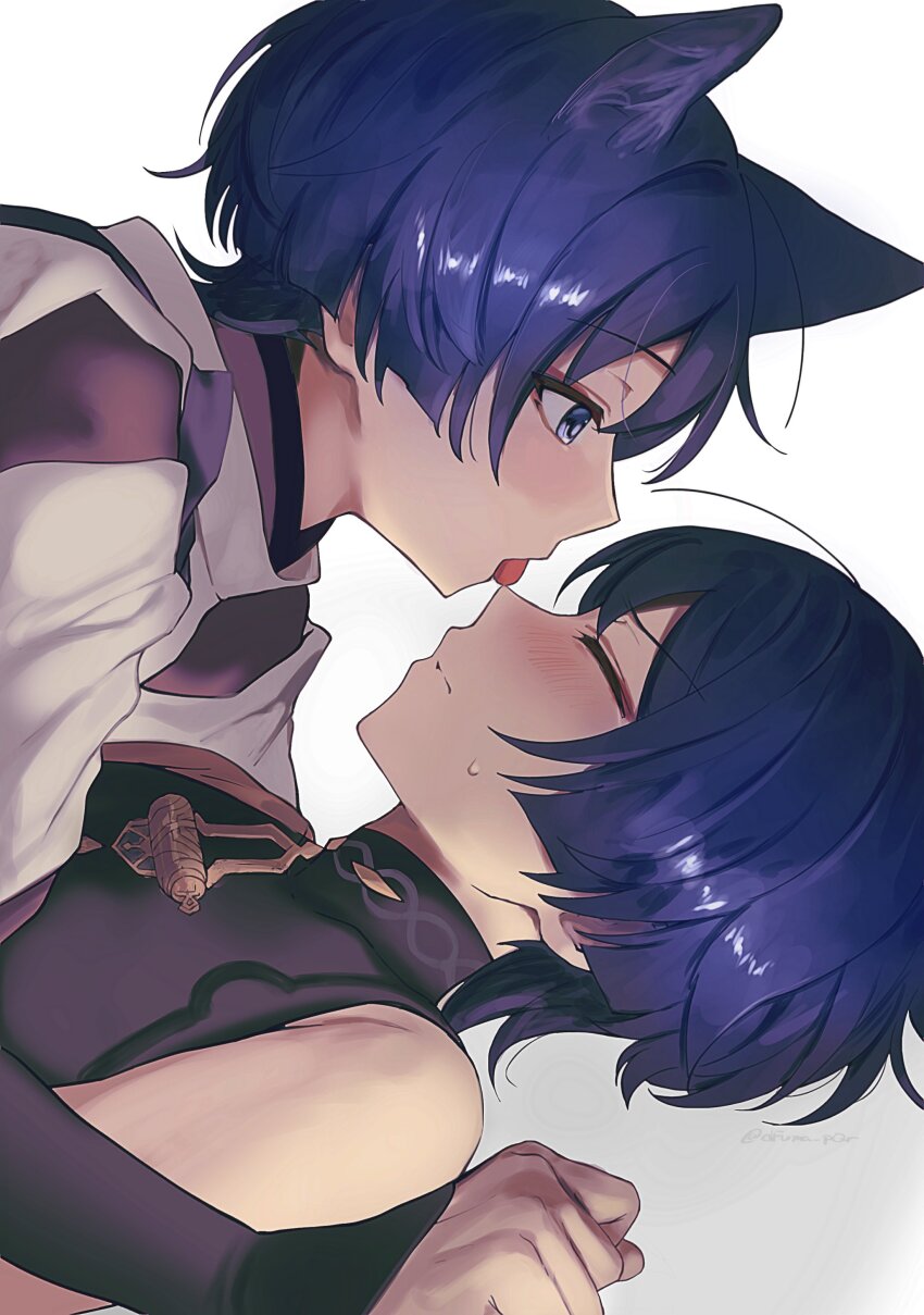 2boys, absurdres, animal_ears, bare_shoulders, black_shirt, blunt_ends, blush, cat_ears