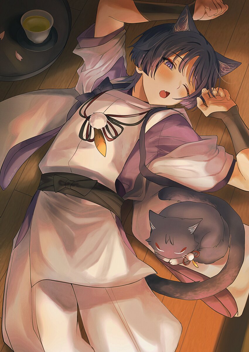 1boy, absurdres, animal_ear_fluff, animal_ears, armor, arms_up, black_bow, black_hair