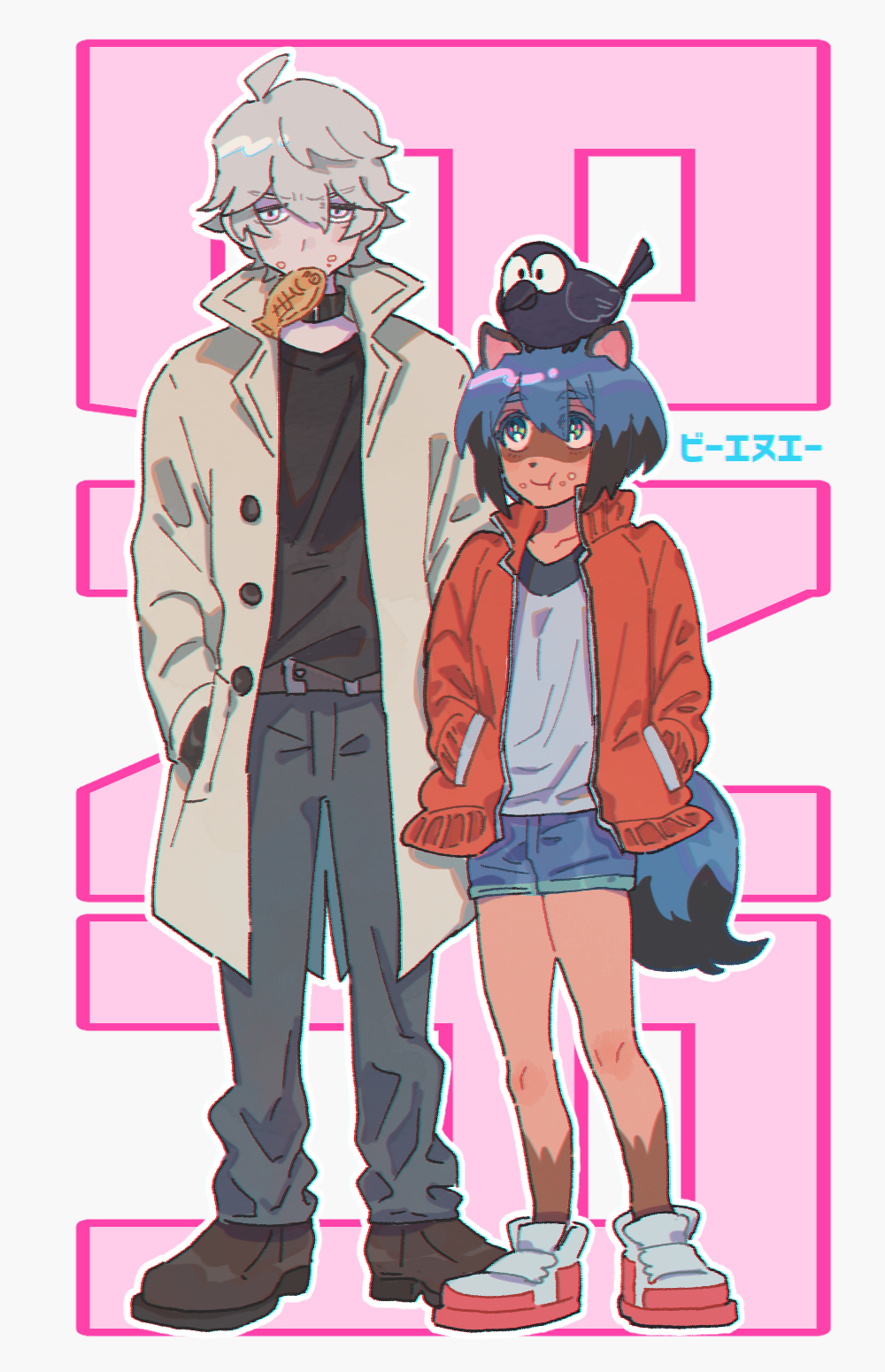 1boy, 1girl, animal, animal_on_head, belt, bird, bird_on_head, black_bird