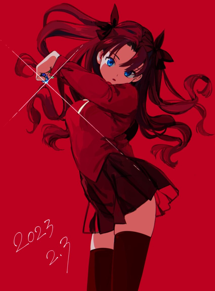 1girl, black_hair, black_ribbon, black_skirt, black_thighhighs, blue_eyes, cowboy_shot, dated, fate/stay_night, fate_(series), floating_hair, glint, hair_ribbon, highres, hirose3y, holding, long_hair, long_sleeves, looking_at_viewer, parted_lips, pleated_skirt, red_background, red_shirt, red_theme, ribbon, shirt, simple_background, skirt, solo, thighhighs, tohsaka_rin