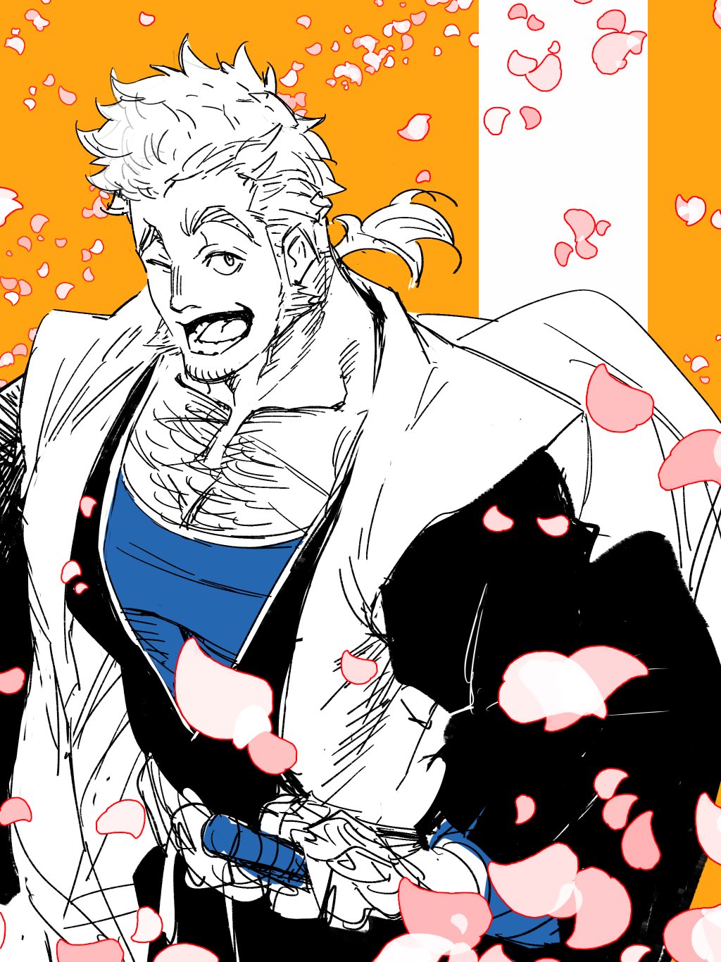 1boy, arm_guards, bleach, bleach:_sennen_kessen-hen, brown_hair, chest_hair, highres, holding