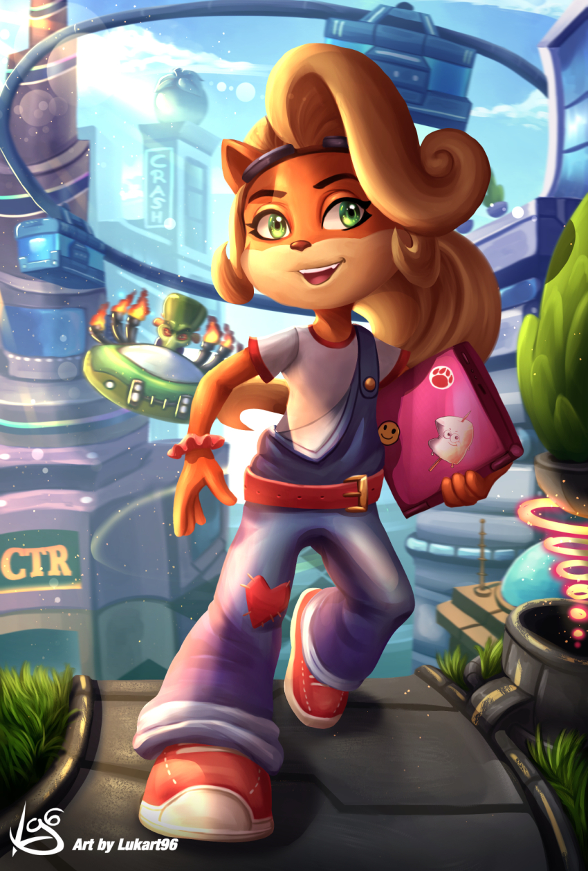 1boy, 1girl, animal_ears, blonde_hair, cityscape, coco_bandicoot, crash_bandicoot_(series), dungarees, furry, furry_female, green_eyes, highres, hover_vehicle, lukart96, nitros_oxide_(crash_bandicoot), open_mouth, overalls, shirt, shoes, teeth, upper_teeth_only, walking, white_shirt