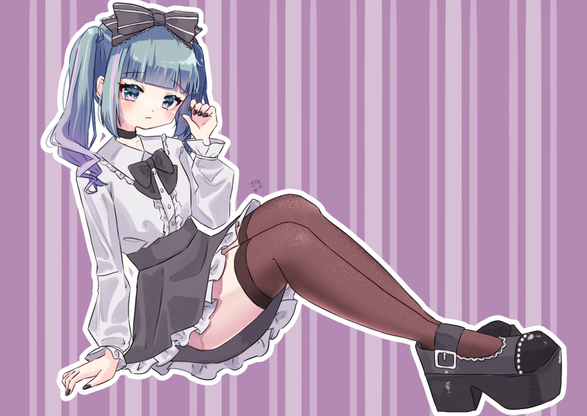 1girl, alternate_hairstyle, aqua_eyes, aqua_hair, black_bow, black_nails, black_skirt, blunt_bangs