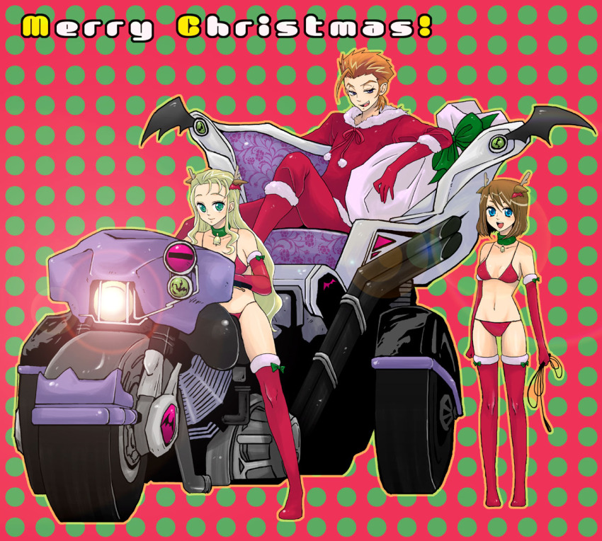 1boy, 2girls, antlers, bag, bare_shoulders, bell, bikini, blonde_hair