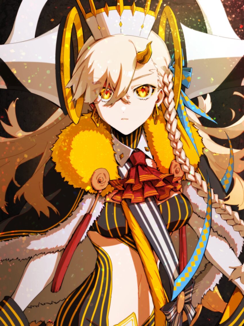 1girl, ascot, braid, cape, center_opening, earrings, fate/grand_order, fate_(series), fur_collar, highres, horns, ituki, jewelry, long_hair, navel, olga_marie_animusphere, red_pupils, striped, u-olga_marie, white_hair, yellow_eyes