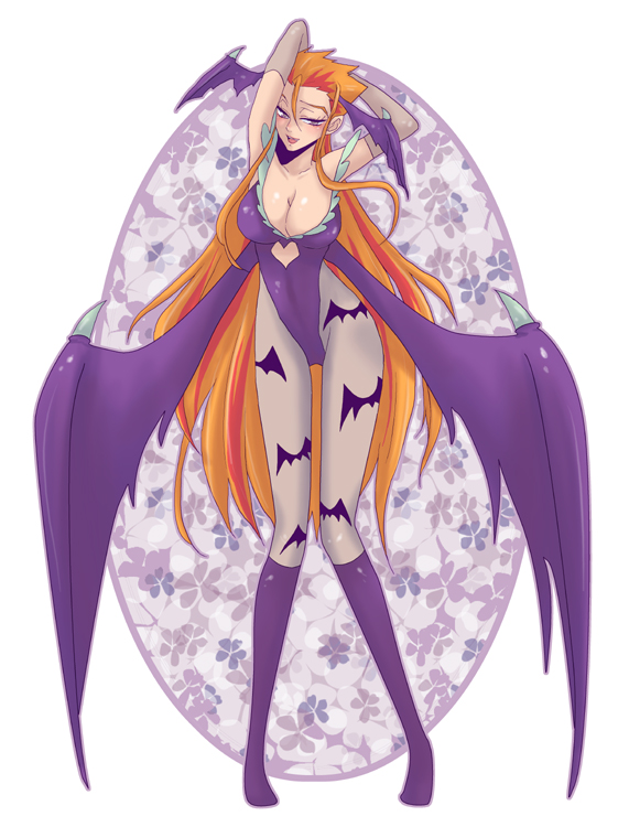 1girl, arms_up, bat_wings, breasts, capcom, cleavage, code_geass, cosplay, elbow_gloves, female_focus, full_body, gender_request, genderswap, gloves, head_wings, large_breasts, leotard, long_hair, luciano_bradley, morrigan_aensland, morrigan_aensland_(cosplay), okuretun, orange_hair, pantyhose, purple_eyes, solo, darkstalkers, very_long_hair, white_background, wings