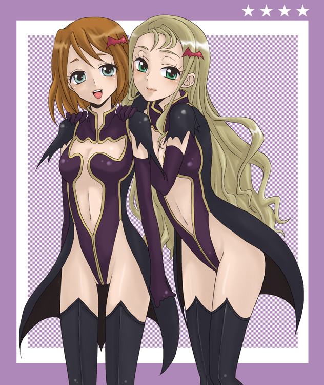 2girls, blonde_hair, blue_eyes, code_geass, elbow_gloves, female_focus, gloves, green_eyes