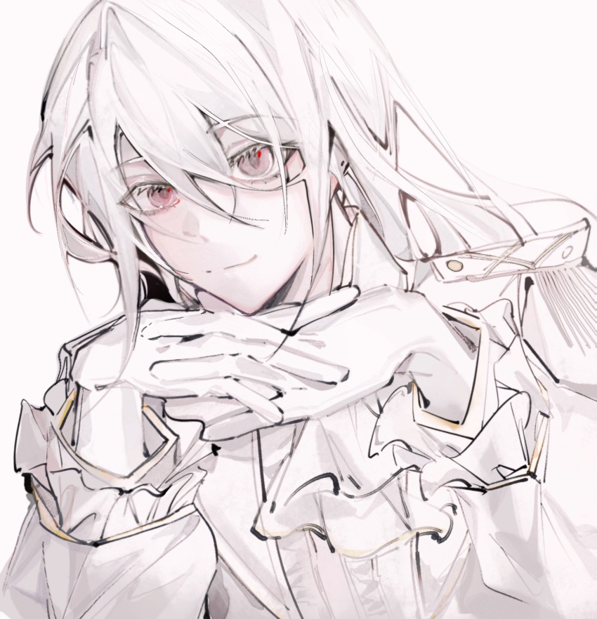 1boy, albino, bishounen, colored_skin, girly_boy, gloves, highres, looking_at_viewer, male_focus, pale_skin, pink_eyes, solo, thriller_trainee, white_gloves, white_hair, white_skin, zanwu69611, zong_jiu