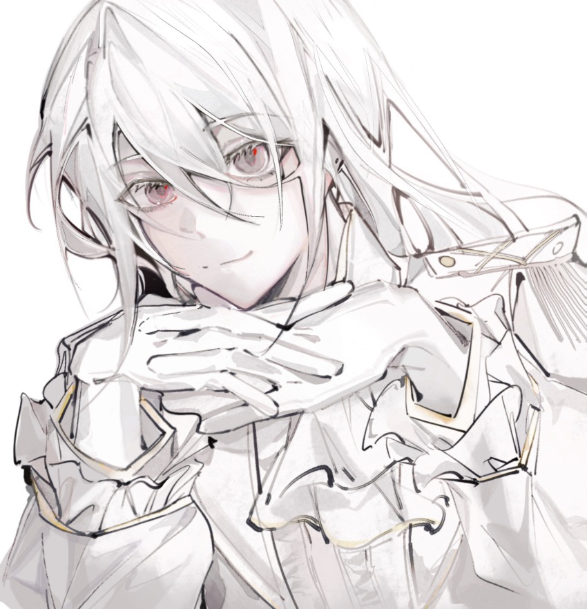 1boy, albino, bishounen, colored_skin, girly_boy, gloves, highres, looking_at_viewer, male_focus, pale_skin, pink_eyes, solo, thriller_trainee, white_gloves, white_hair, white_skin, zanwu69611, zong_jiu
