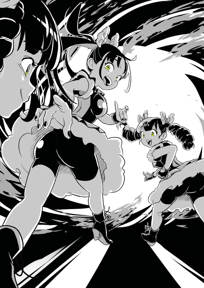 3girls, absurdres, ass, babymetal, bike_shorts, bow, dress, drill_hair