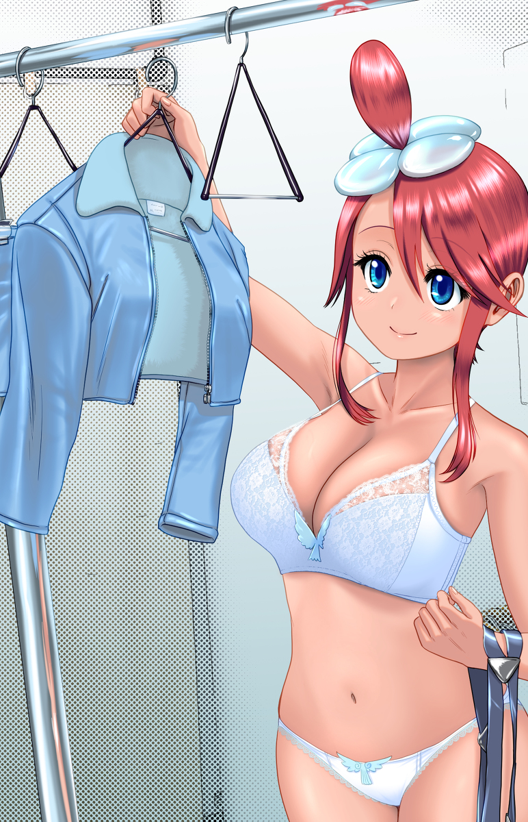 1girl, blue_eyes, breasts, cleavage, dark-skinned_female, dark_skin, hadairo_rainbow, highres