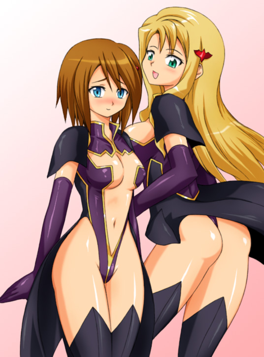 2girls, ass, blonde_hair, blue_eyes, breasts, cleavage, code_geass, elbow_gloves