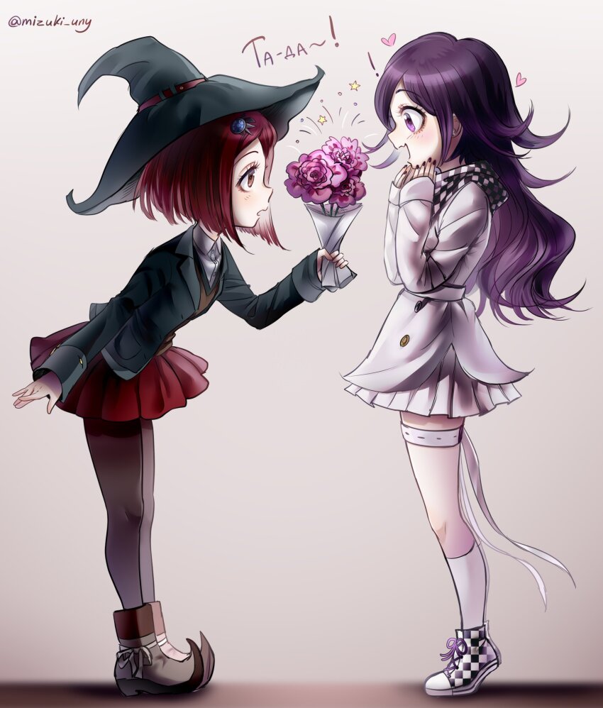 2girls, absurdres, black_headwear, black_nails, black_pantyhose, bouquet, brown_footwear, checkered_shoes