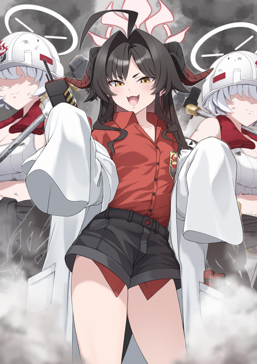 3girls, ahoge, bare_legs, black_hair, black_pants, black_shorts, blue_archive, breasts