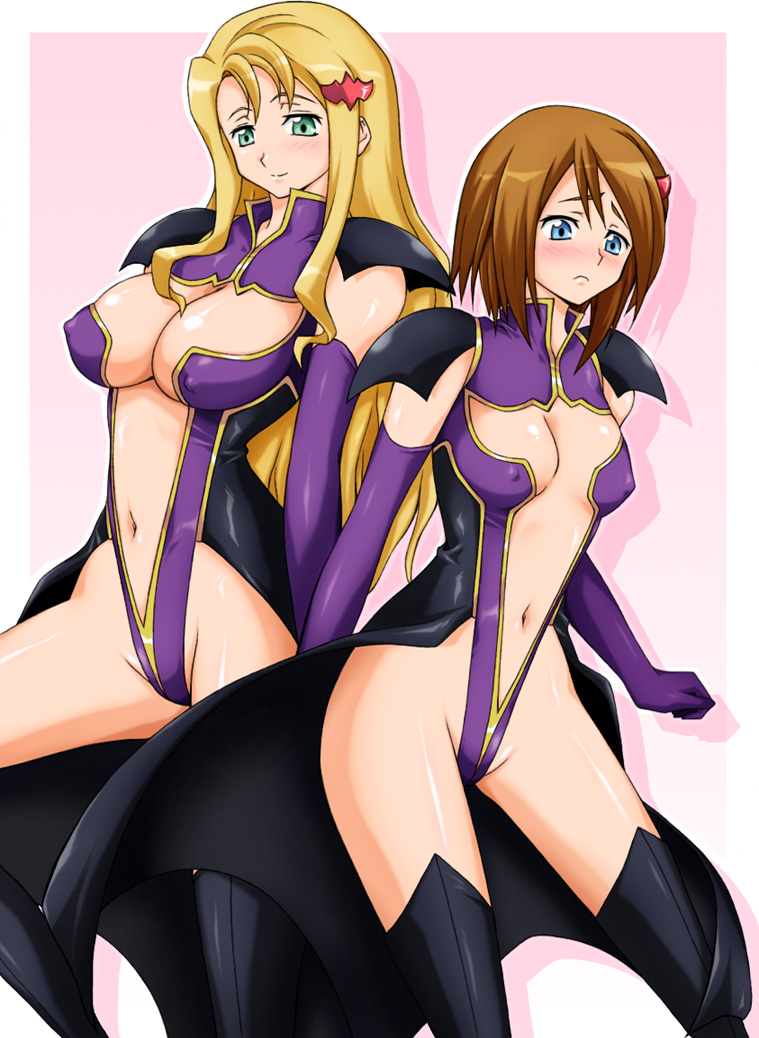 2girls, blonde_hair, blue_eyes, blush, breasts, cleavage, code_geass, covered_erect_nipples, elbow_gloves, female_focus, flat_chest, gloves, green_eyes, hair_ornament, latex, latex_gloves, liliana_vergamon, long_hair, marika_soresi, midriff, military, military_uniform, mitora5, multiple_girls, orange_hair, short_hair, thighhighs
