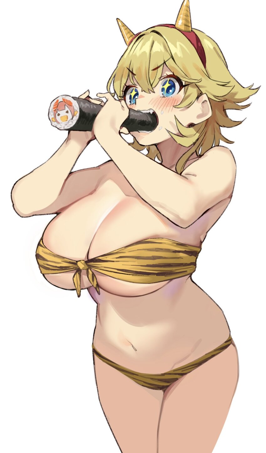 1girl, animal_print, bare_shoulders, bikini, blonde_hair, blue_eyes, blush, eating