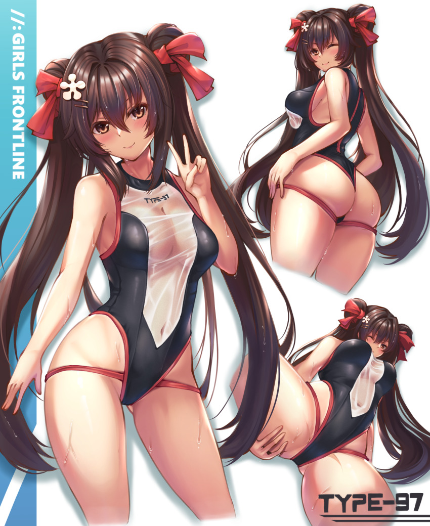 1girl, ass, breasts, brown_hair, competition_swimsuit, covered_navel, girls'_frontline, girls'_frontline_neural_cloud