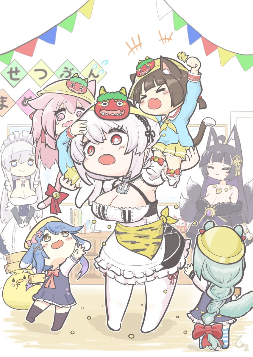 6+girls, @_@, absurdres, ahoge, anchor_choker, animal_ear_fluff, animal_ears, apron