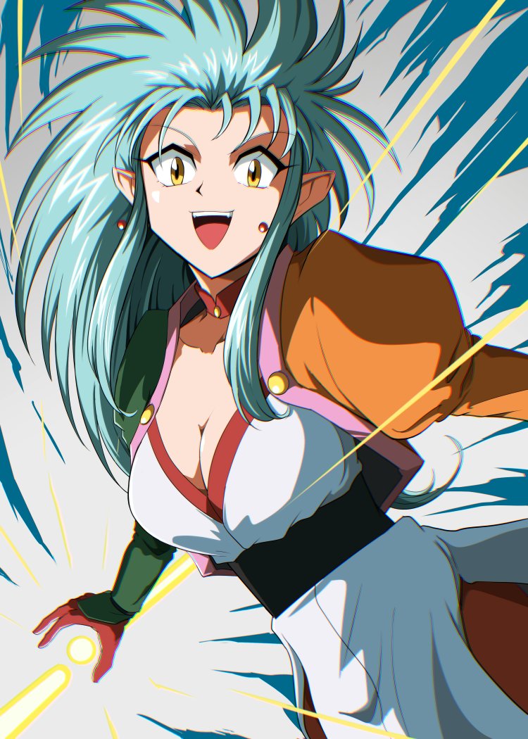 1990s_(style), 1girl, :d, blue_hair, breasts, cleavage, commentary_request, earrings