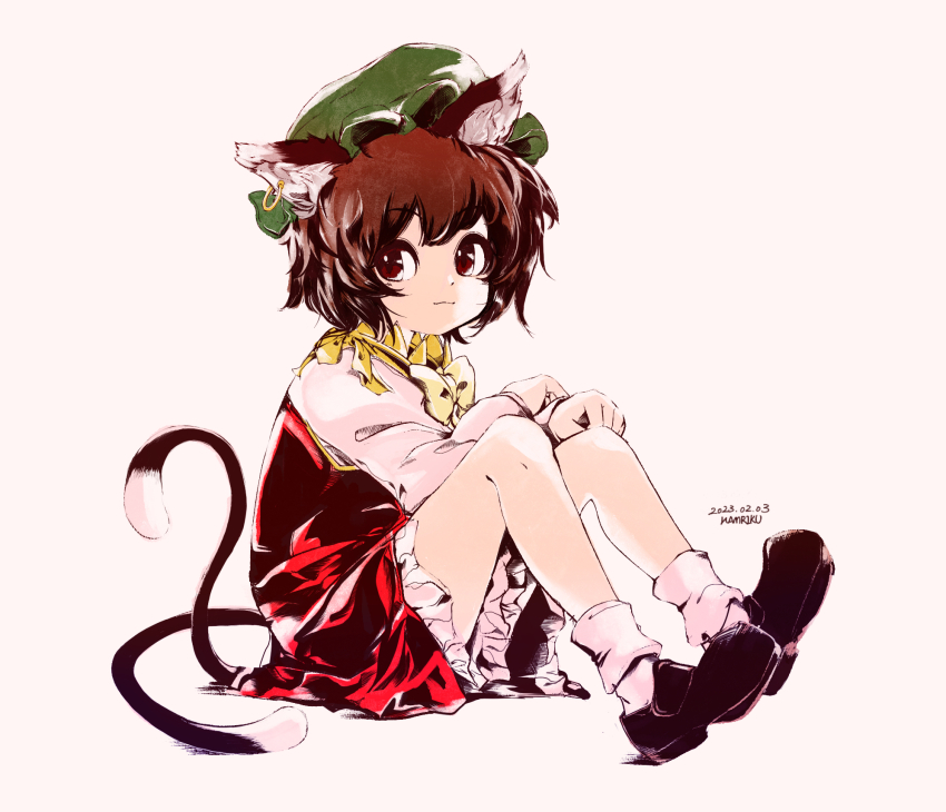 1girl, animal_ear_fluff, animal_ears, bobby_socks, bow, bowtie, brown_eyes, brown_hair