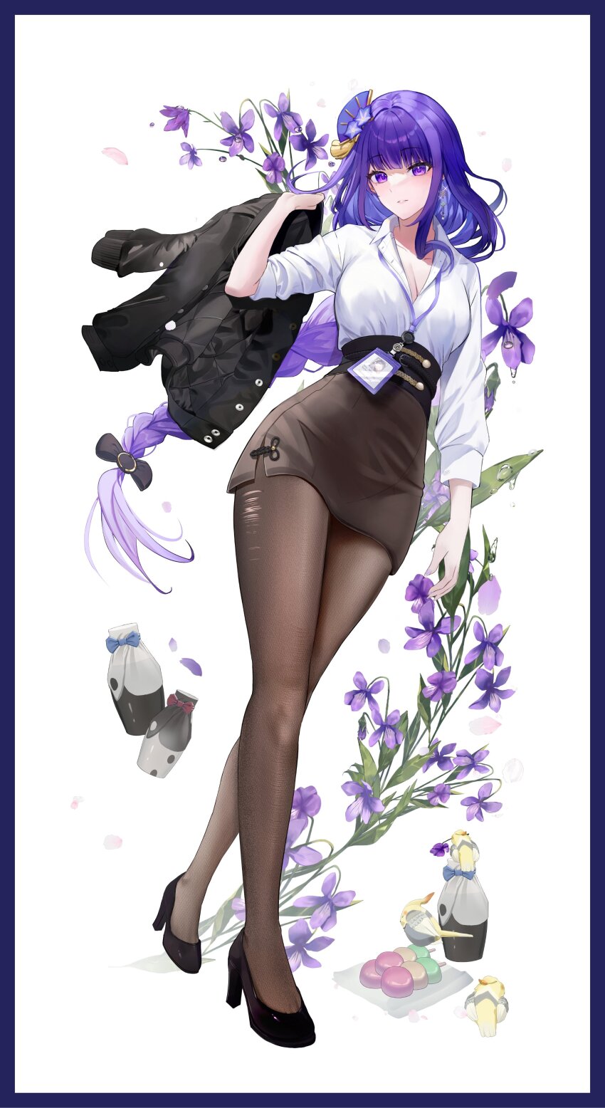 1girl, absurdres, alternate_costume, black_jacket, border, bottle, braid, breasts