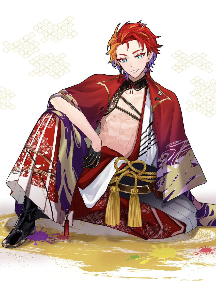 1boy, abs, aqua_eyes, asa_no_ha_(pattern), black_boots, boots, cape, earrings, full_body, grin, hadanugi_dousa, hair_slicked_back, hakama, hakama_pants, hakkou0712, highres, hizaki_gamma, holostars, igote, japanese_clothes, jewelry, kimono, knee_up, lapel_pin, looking_at_viewer, male_focus, multicolored_hair, official_alternate_costume, open_clothes, open_kimono, orange_hair, paint_splatter, pants, patterned_background, purple_hair, red_cape, red_hair, red_hakama, rope_belt, short_hair, sitting, smile, solo, streaked_hair, tassel, tassel_earrings, toned, toned_male, virtual_youtuber, white_background, white_kimono