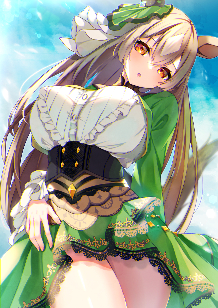 1girl, :o, animal_ears, aonu_koru, belt, blue_sky, breasts, brown_eyes