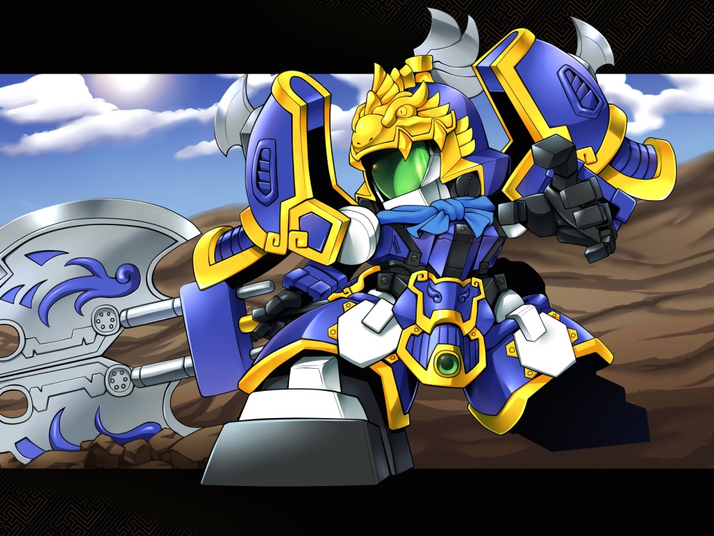 10s, armor, axe, gundam, jyokou_serpent, kuma_(kumahoihoi), letterboxed, no_humans, non-humanoid_robot, robot, sd_gundam, sd_gundam_sangokuden, solo, weapon